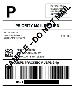 Image of the Priority Mail® Return label. In the top left corner is a large "P". The top right corner is the message "NO POSTAGE NECESSARY IF MAILED IN THE UNITED STATES". The banner below it all is "PRIORITY MAIL RETURN". The section below contains the return address and the delivery address. The last section has the "USPS TRACKING # USPS Ship" text, barcode, and tracking number.